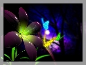 Motyle, 3D, Kwiat, Neon