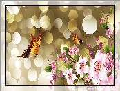 Motyle, Art, Kwiaty, Bokeh