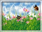 Niebo, Art, Kwiaty, Motyle