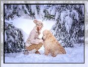 Śnieg, Zima, Golden retriever, Pies, Drzewa, Dziewczynka