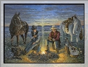 Gitara, Ognisko, Noc, Kowboje, Konie