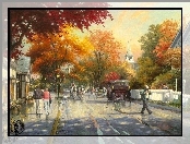 Ulica, Obraz, Przechodnie, Dorożki, Thomas Kinkade, Konie