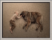 Pies, Plaża, Chłopiec, Leonberger