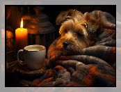 Świeca, Koc, Kawa, Pies, Yorkshire Terrier