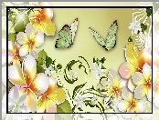 Plumeria, Art, Kwiaty, Motyle