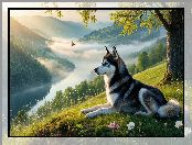 Polana, Drzewo, Pies, Góry, Siberian husky, Wzgórze, Mgła, Rzeka