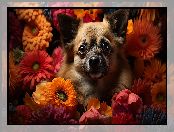 Pies, Mordka, Kwiaty, Pomarańczowe