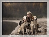 Dziewczyna, Psy, Spacer, Golden Retriever