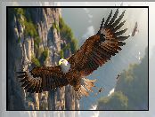 Skały, Bielik amerykański, Ptak, Lot, Rozpostarte, Skrzydła