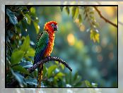 Grafika AI, Papuga, Ptak, Kolorowa, Gałązka, Liście