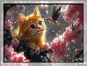 Gałązka, Grafika, Rudy, Ptak, Różowe, Kot, Kwiaty