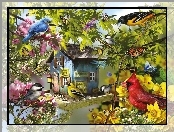 Ptaki, Malarstwo, Magnolia, Domek