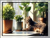 Kot, Okno, Doniczki, Rośliny