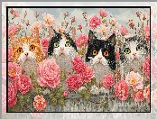 Cztery, Koty, Płot, Róże