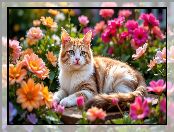 Biało-rudy, Kot, Kwiaty, Spojrzenie