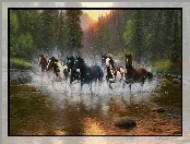 Konie, Rzeka, Galop, Las