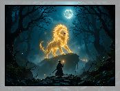 Fantasy, Chmury, Lew, Skała, Księżyc, Dziecko
