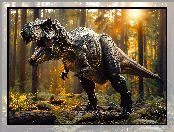 Las, Tyranozaur, Promienie słońca, Grafika, Dinozaur