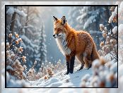 Ośnieżone, Rudy, Lis, Śnieg, Rośliny, Zima, Drzewa