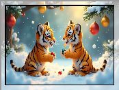 Gałązki, Tygrysy, Młode, Śnieg, AI, Zima, Bombki