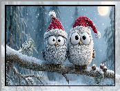 Dwie, Sowy, Grafika AI, Czapki