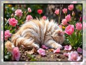 Kwiaty, Śpiący, Tulipany, Kot, Puszysty