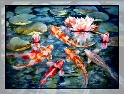 Lilie, Staw, Wodne, Ryby, Karp Koi