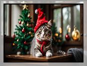 Stół, Kot, Czerwona, Szalik, AI, Czapka, Choinka