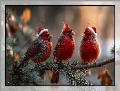 Grafika AI, Kardynały, Trzy, Ptaki, Czapki, Mikołaja