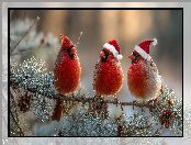 Grafika AI, Kardynały, Trzy, Ptaki, Gałązka, Sosna