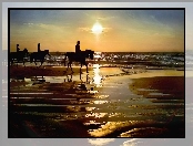 Zachód, Dżokeje, Plaża, Morze, Konie