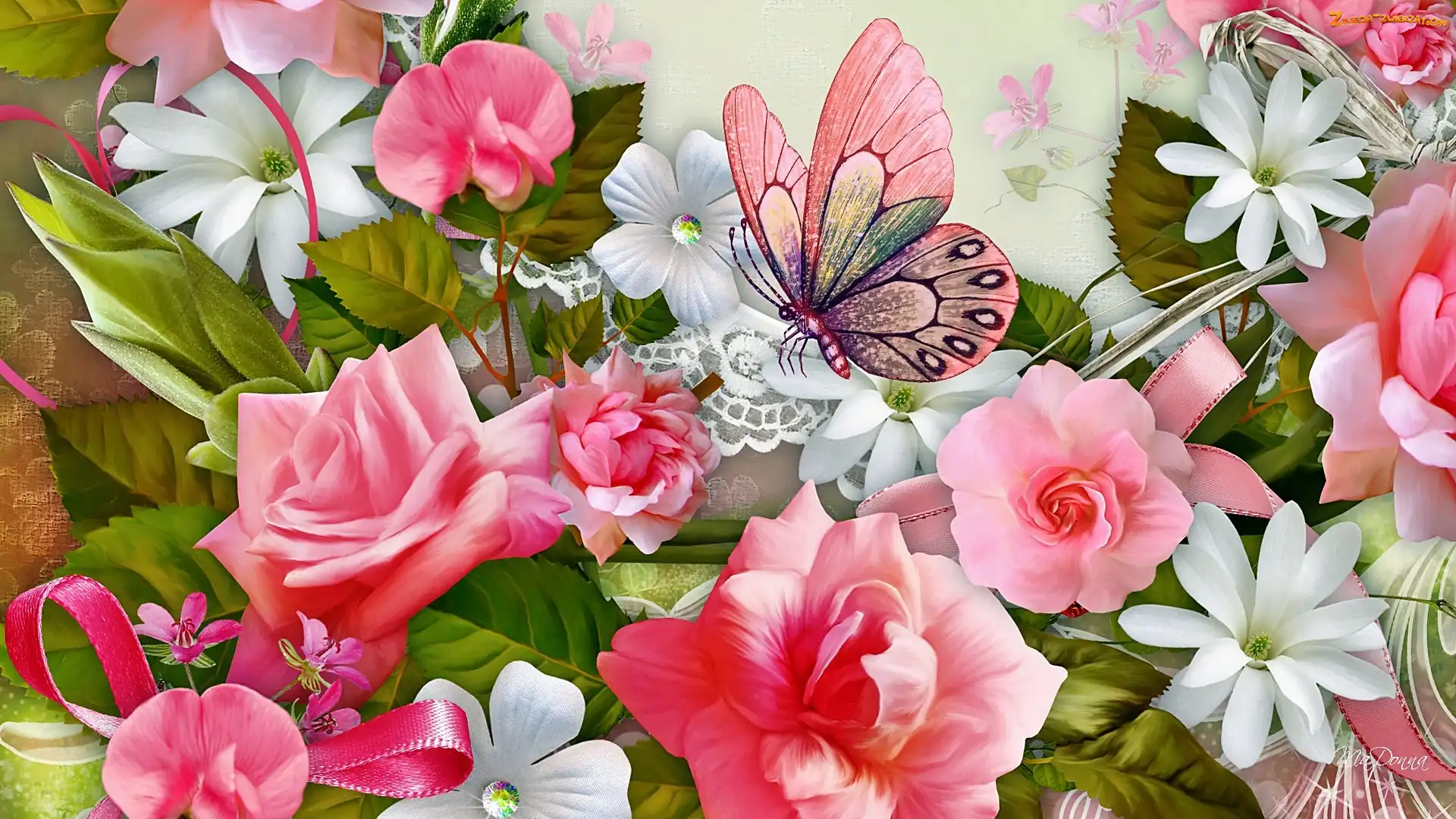 Art, Motyl, Róże, Różowe, Kwiaty