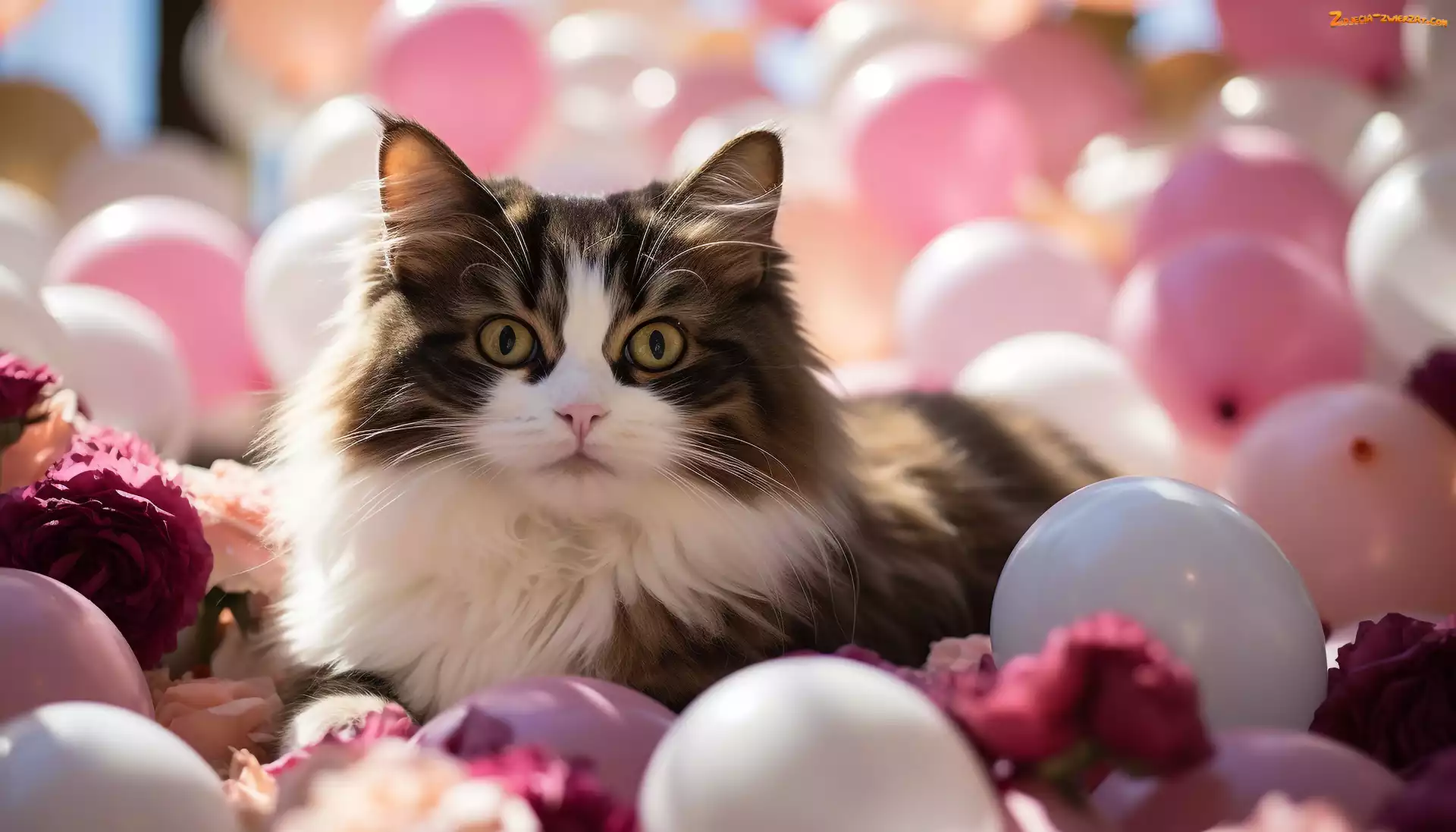 Kot, Spojrzenie, Grafika, Balony