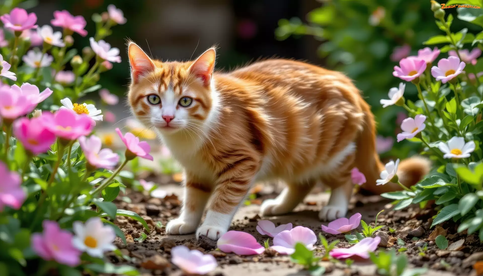 Rudo-biały, Kot, Różowe, Kwiaty