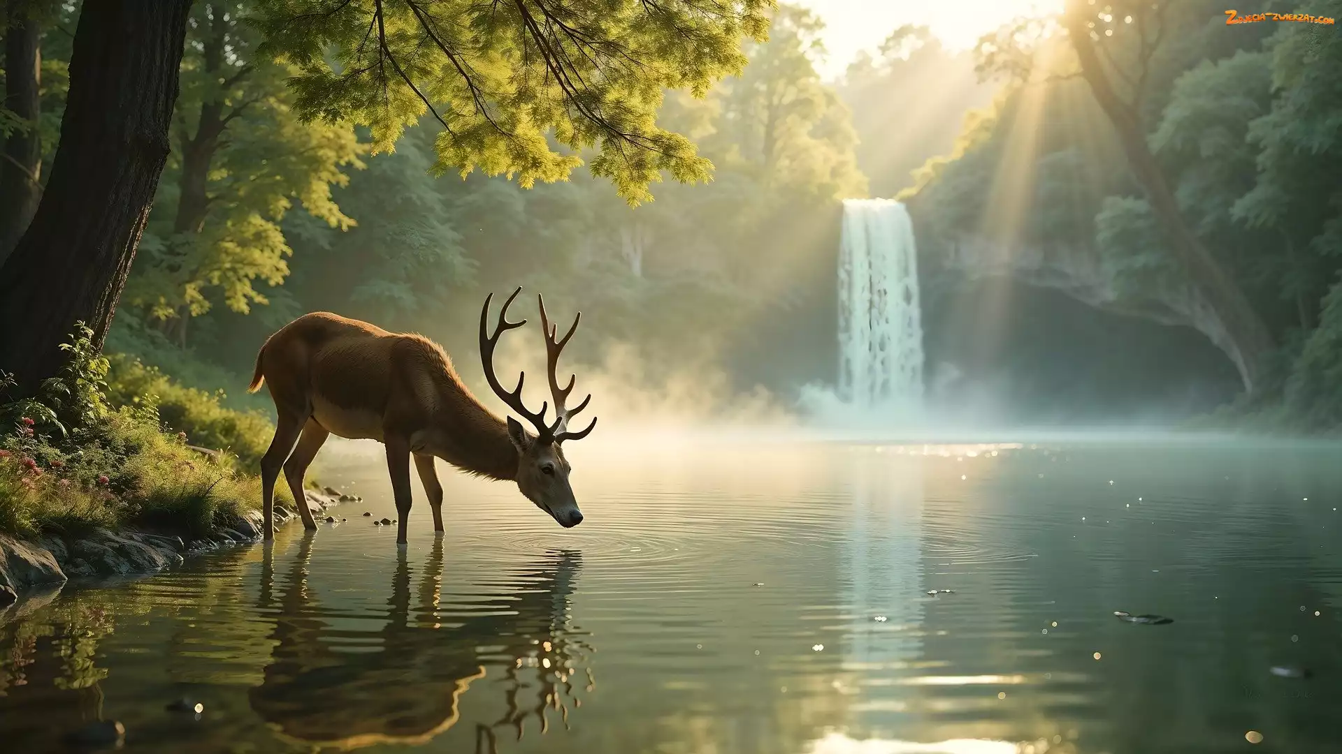 Drzewo, Wodospad, Słoneczny blask, Jeleń, Jezioro