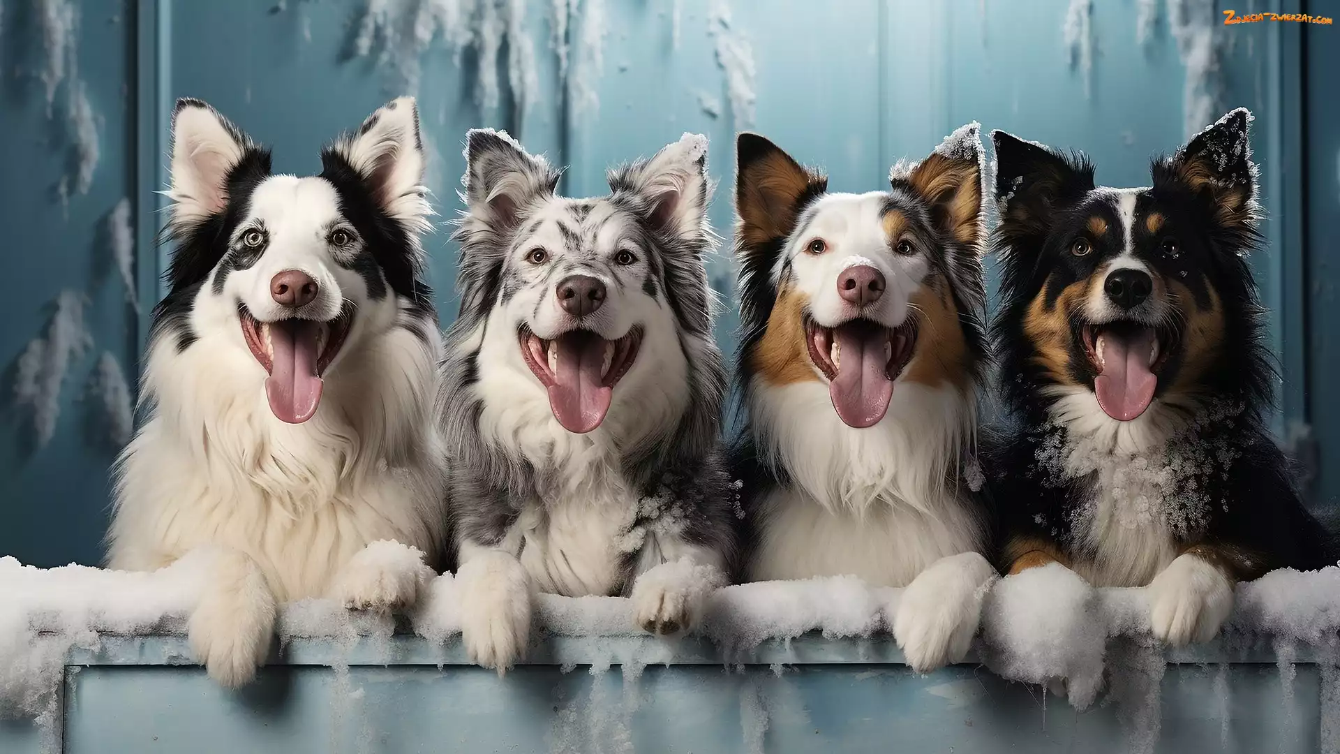 Śnieg, Border collie, Cztery, Psy, Jęzory, Zmarznięty