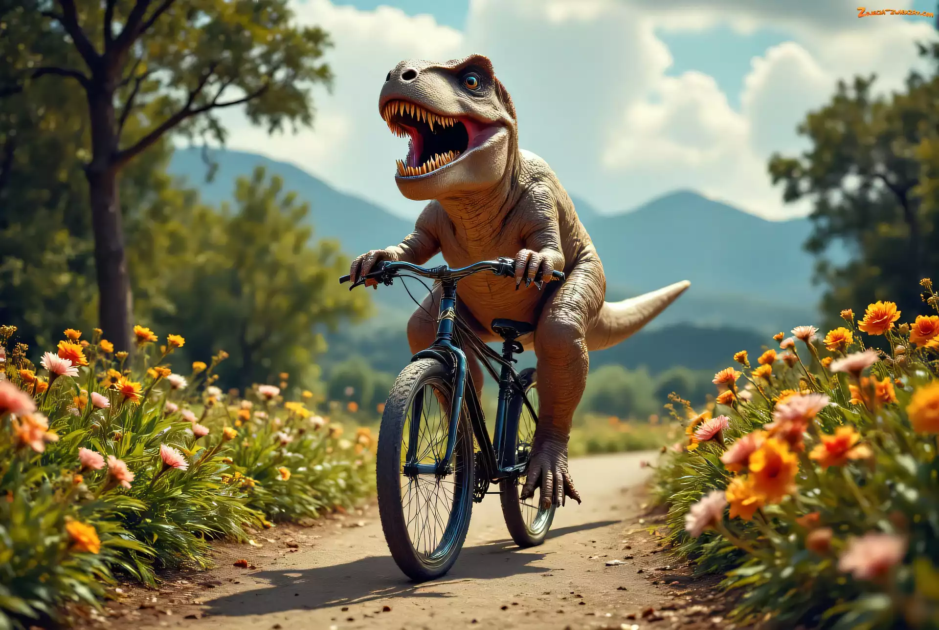 Ścieżka, Tyranozaur, Śmieszne, Dinozaur, Rower, Kwiaty