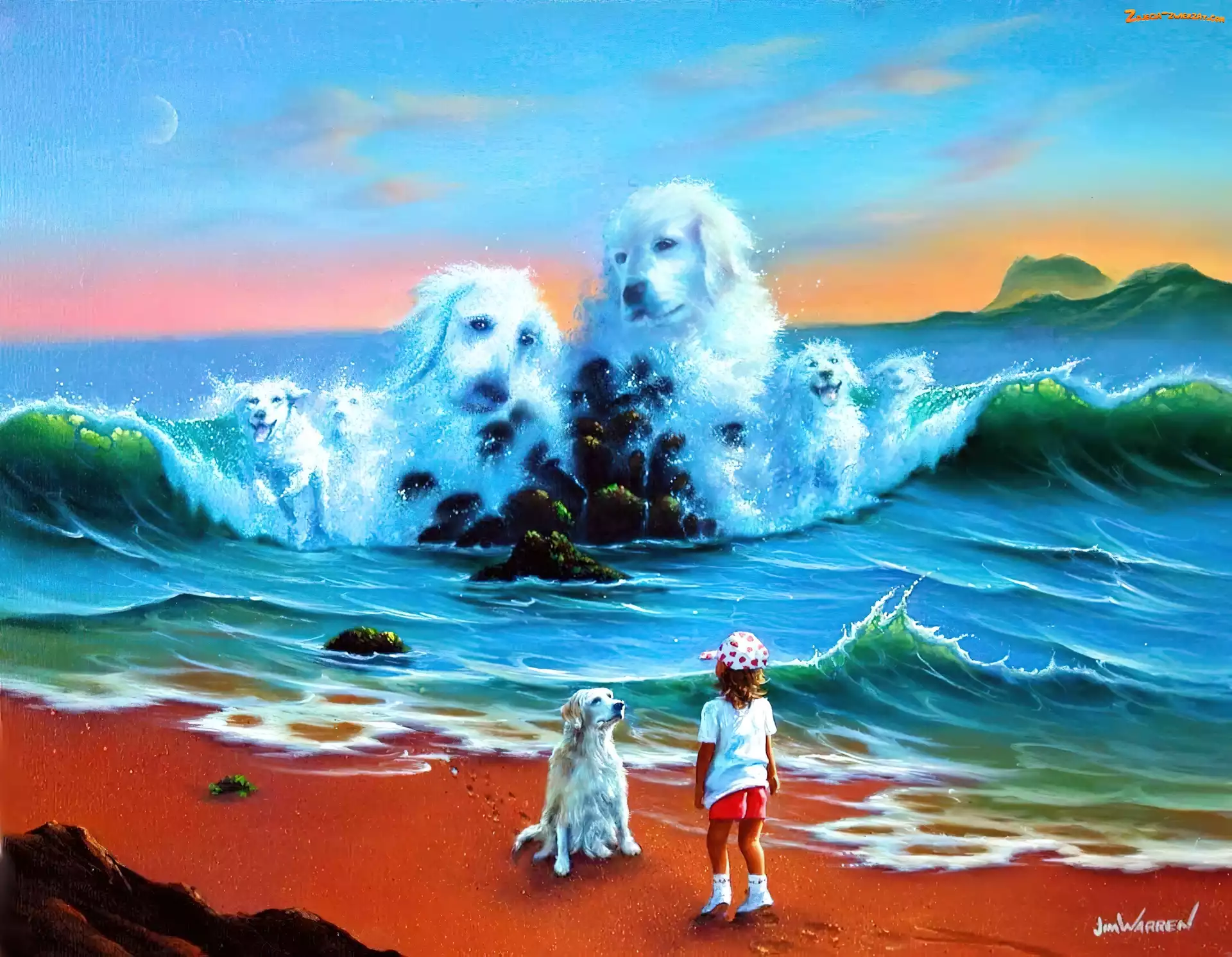 Dziecko, Psy, Plaża, Morze, Fale