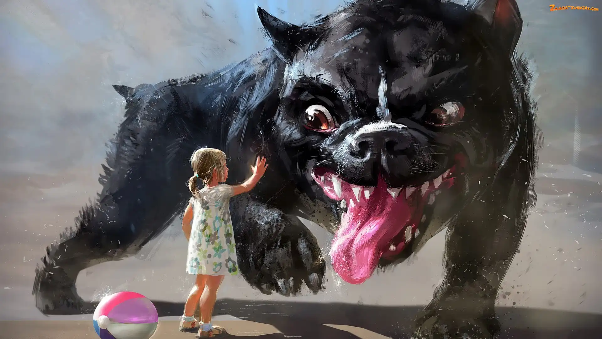 Zły, Dziecko, Digital Art, Piłka, Dziewczynka, Pies