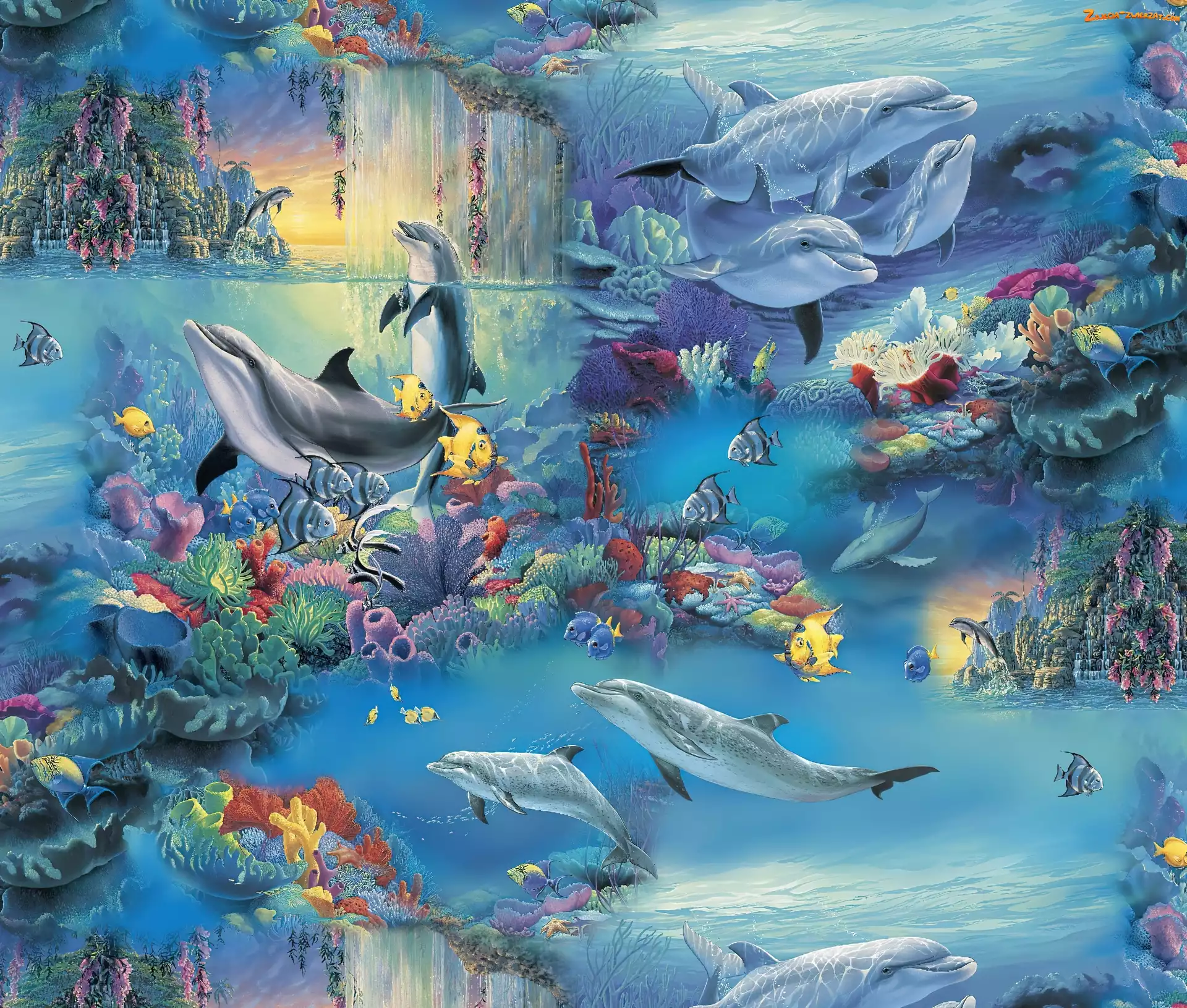 Art, Ocean, Fantasy, Delfiny, Rybki
