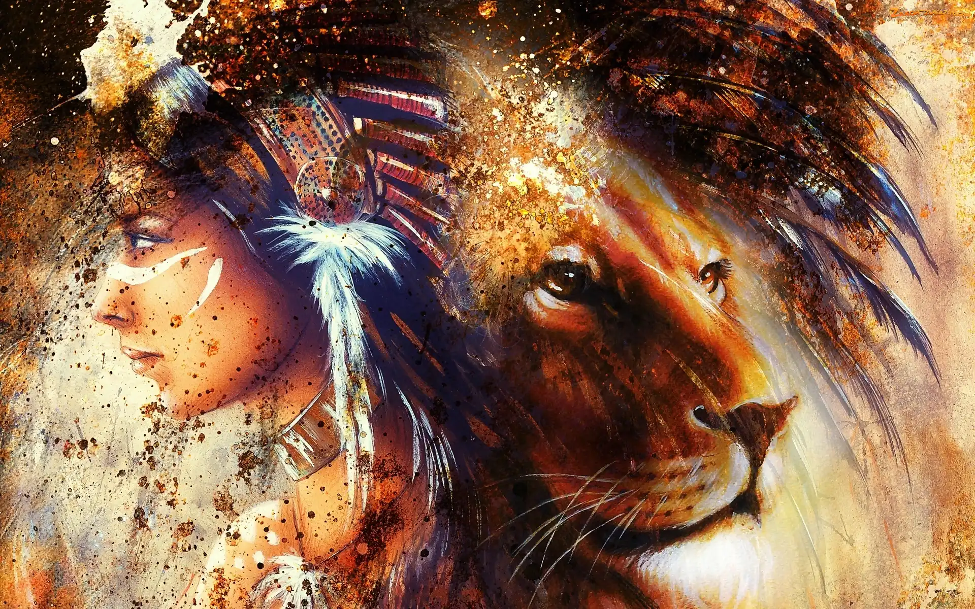 Fantasy, Indianka, Grafika, Lew
