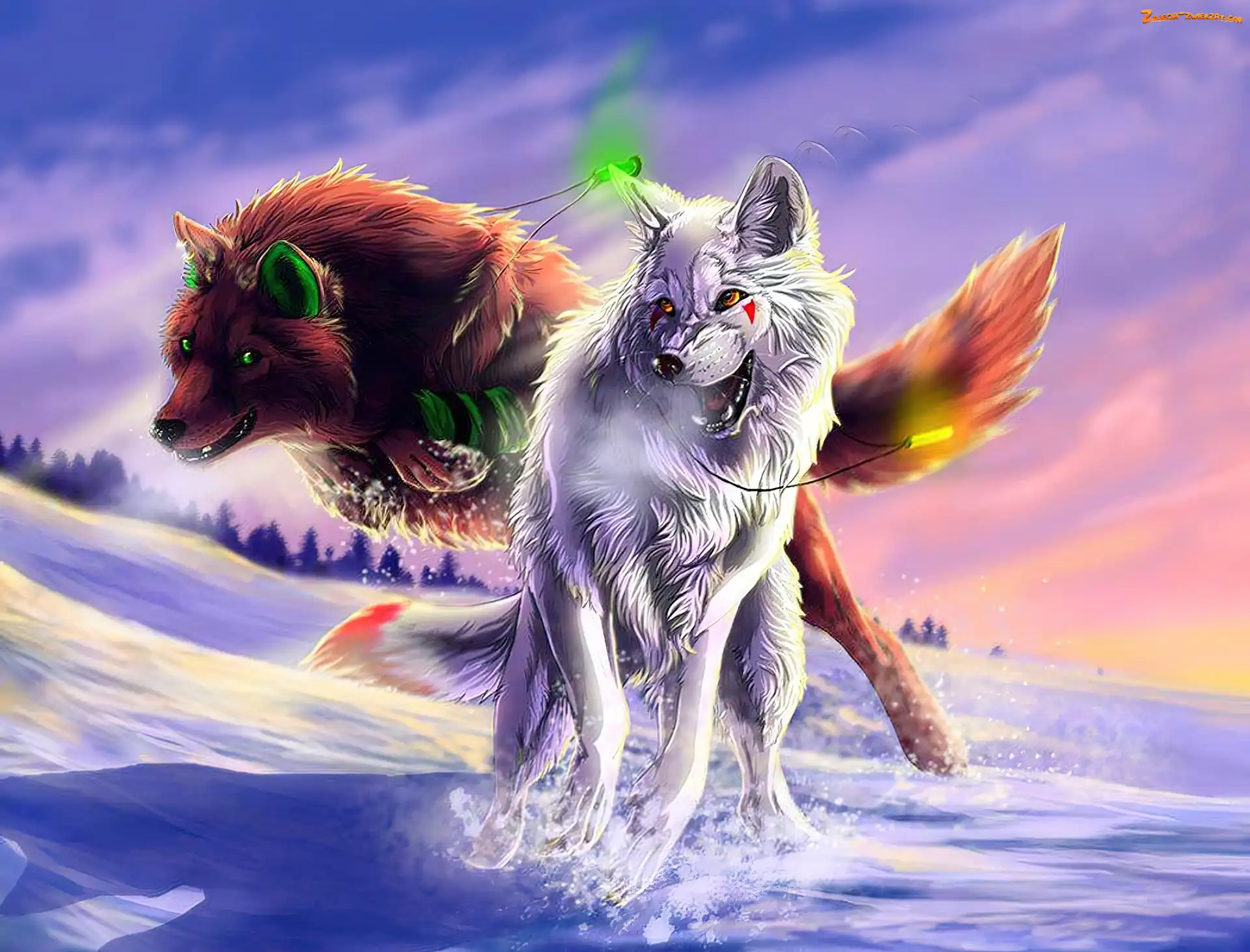 Fantasy, Słońca, Las, Wilki, Zachód