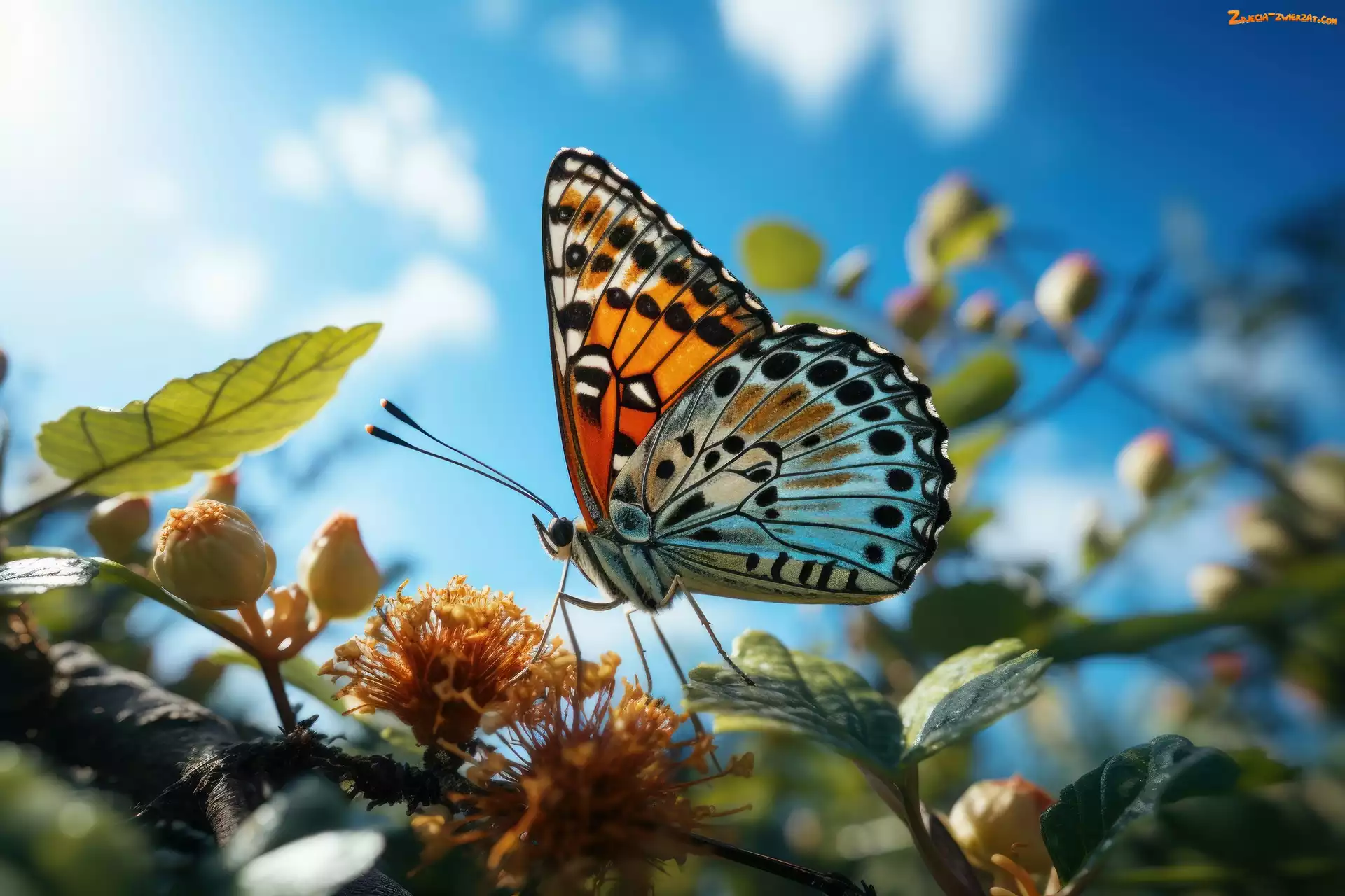 Niebo, Gałąź, Grafika, Motyl, Kwiaty