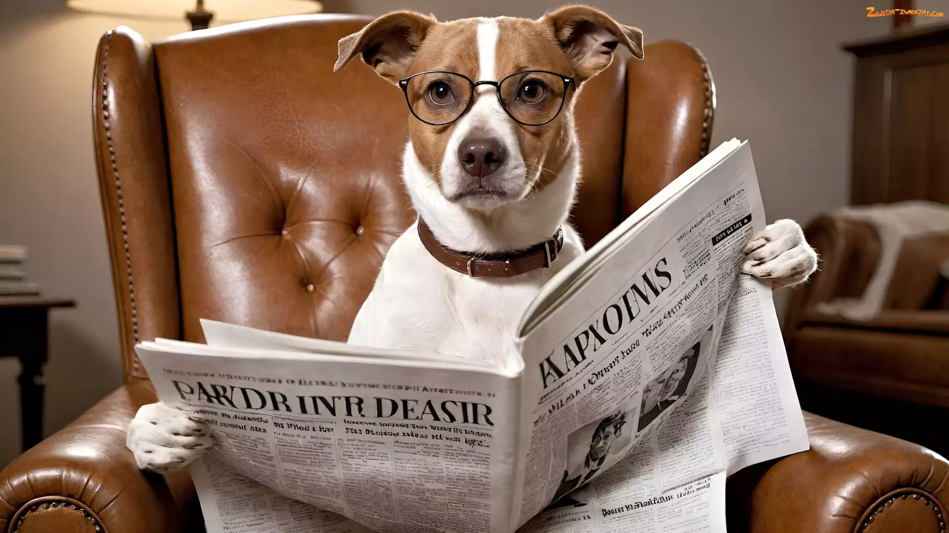 Fotel, Jack Russell terrier, Grafika, Pies, Okulary, Gazeta