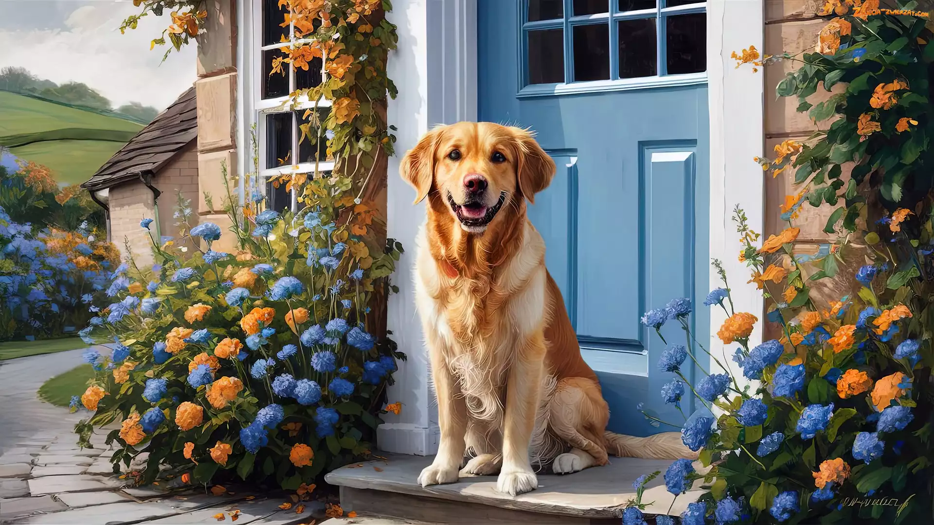 Dom, Kwiaty, Pies, Golden retriever, Drzwi, Niebieski
