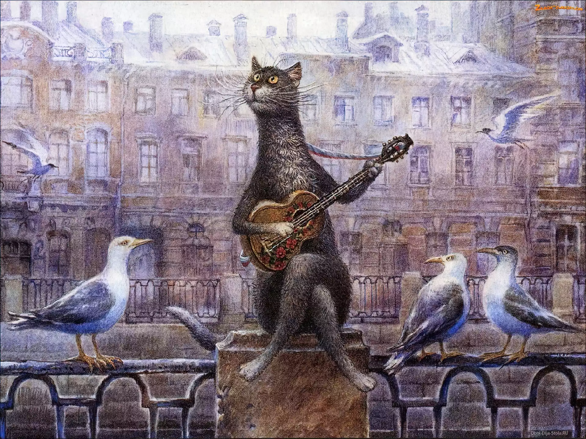 Gołębie, Gitara, Obraz, Włodzimierz Rumiancev, Kot