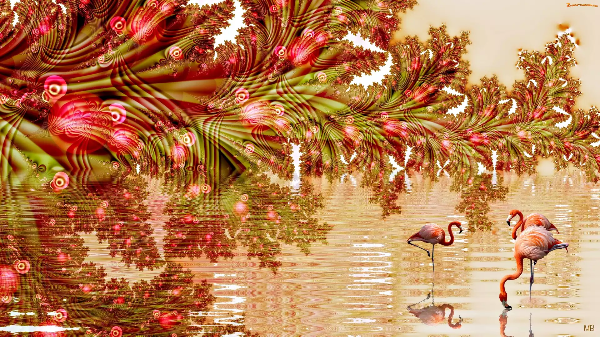 Grafika 2D, Odbicie, Woda, Kwiaty, Flamingi