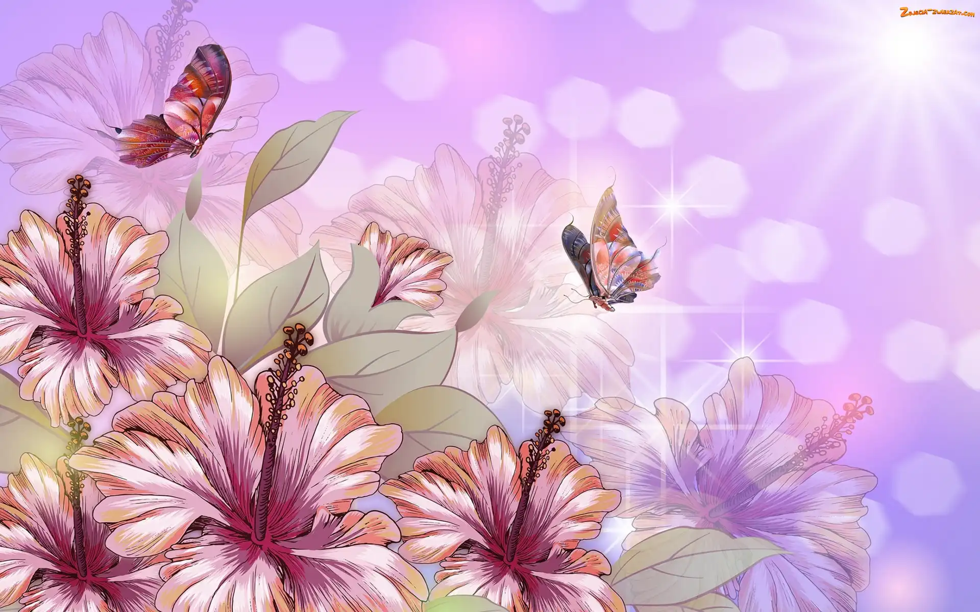 Hibiskus, Grafika 2D, Kwiaty, Motyle