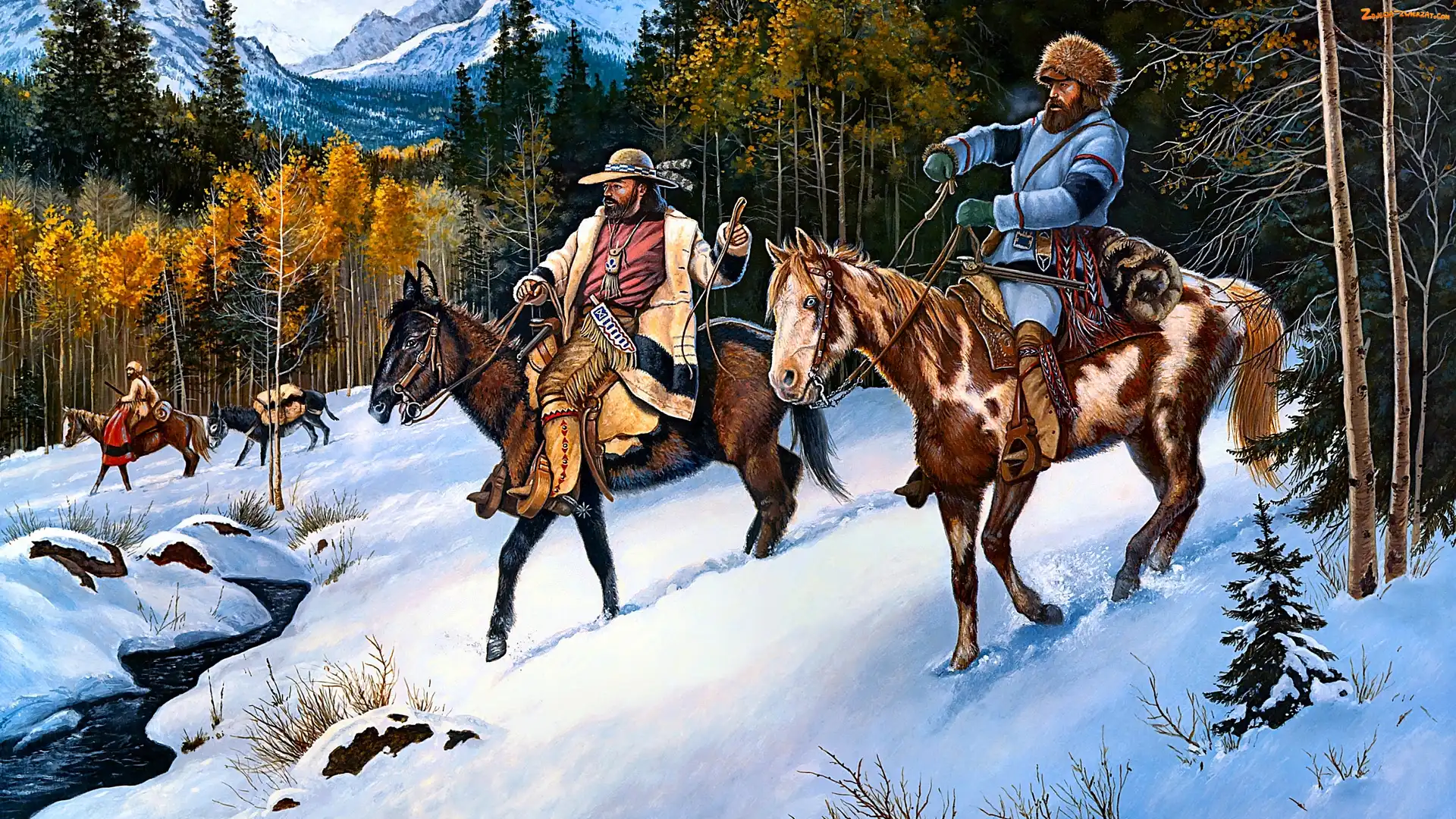 Jerry Crandall, Mężczyźni, Zima, Malarstwo, Konie, Góry, Las, Jeźdźcy