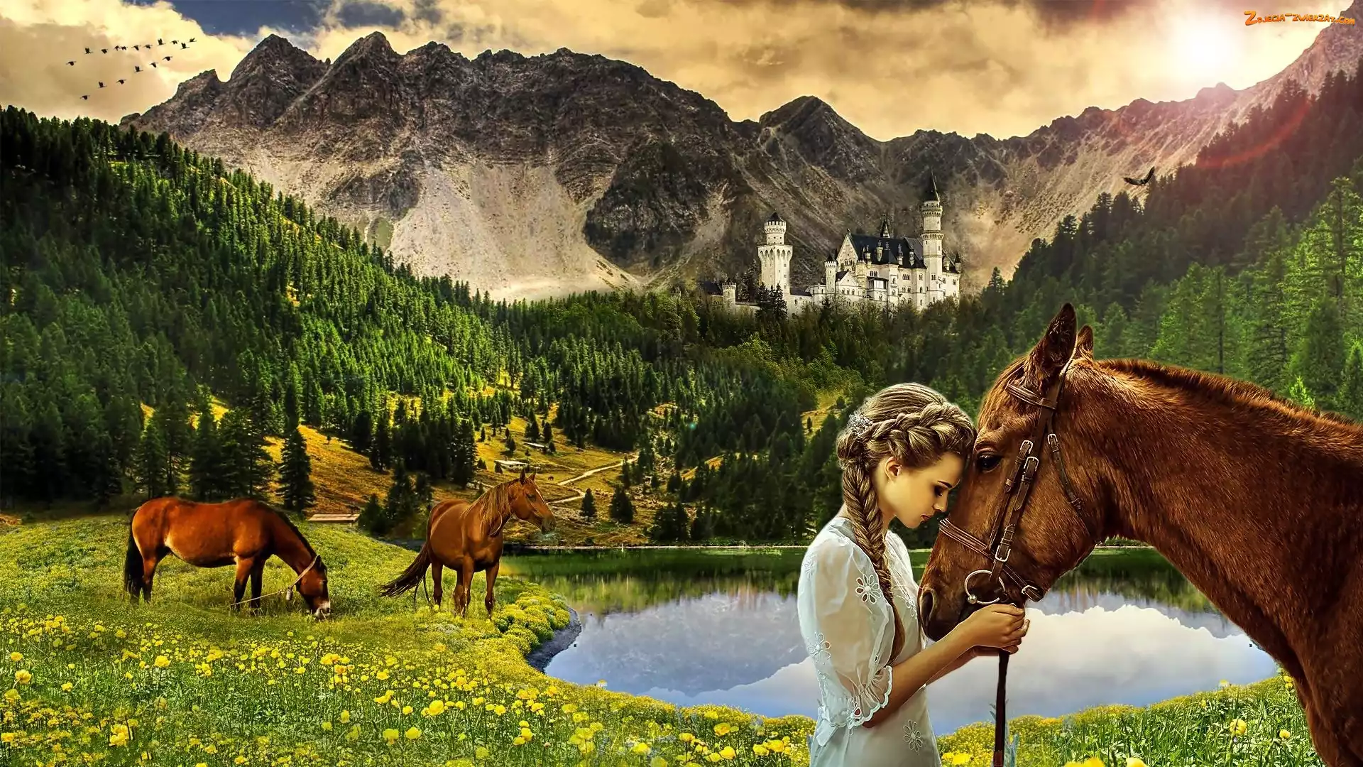 Fantasy, Jezioro, Dziewczyna, Lasy, Zamek, Konie, Łąka, Góry